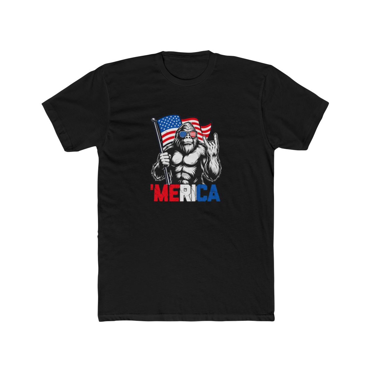 with a white illustration of a Bigfoot like creature wearing sunglasses with the T-Shirt - alternate angle 3, merchandise