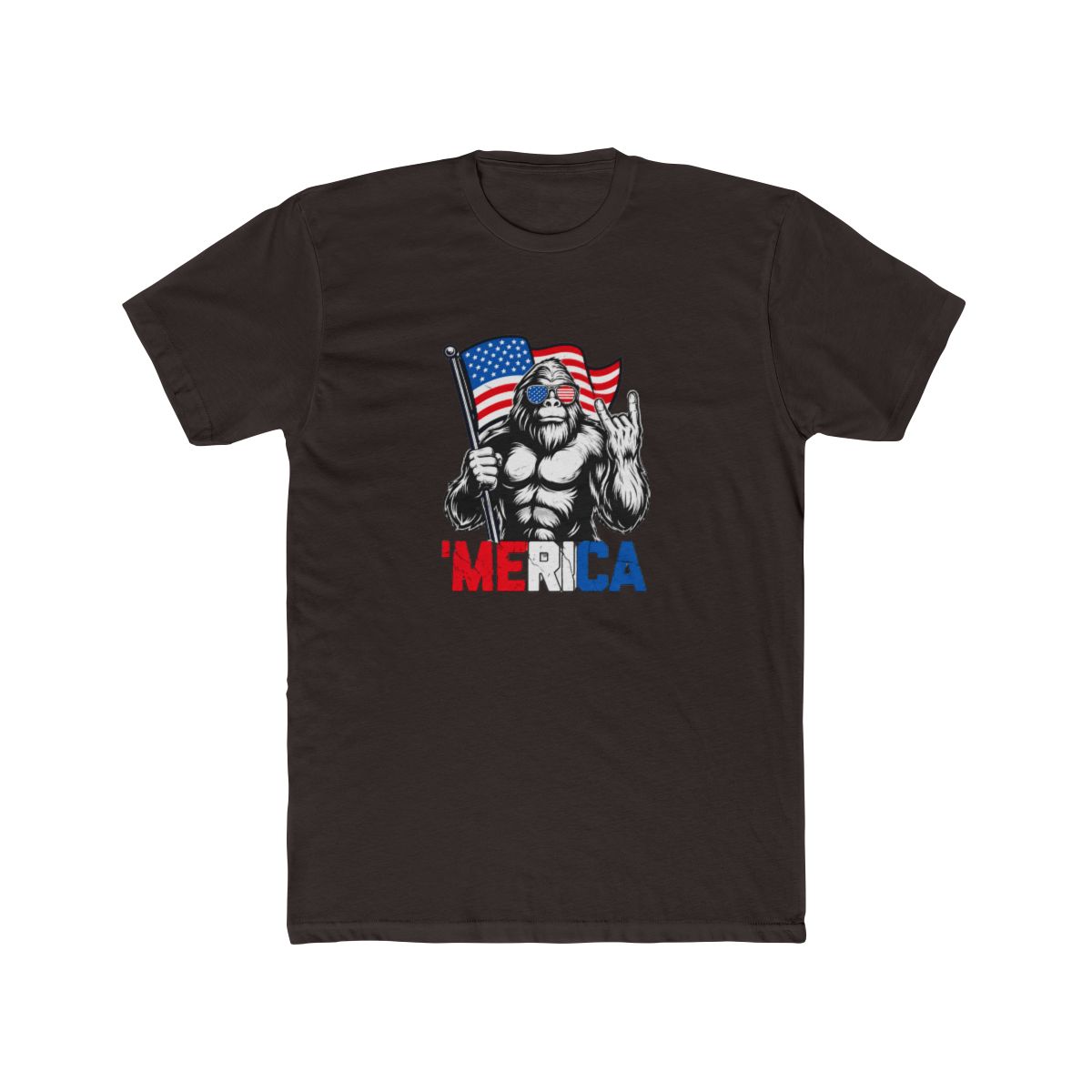 with a white illustration of a Bigfoot like creature wearing sunglasses with the T-Shirt - alternate angle 2, merchandise