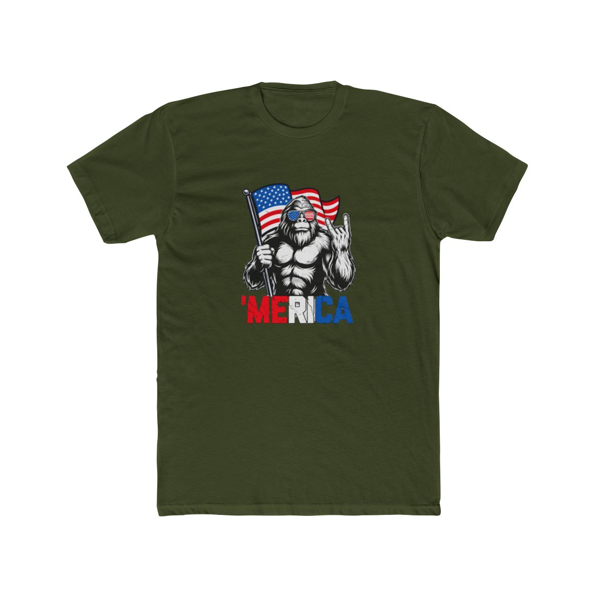 with a white illustration of a Bigfoot like creature wearing sunglasses with the T-Shirt